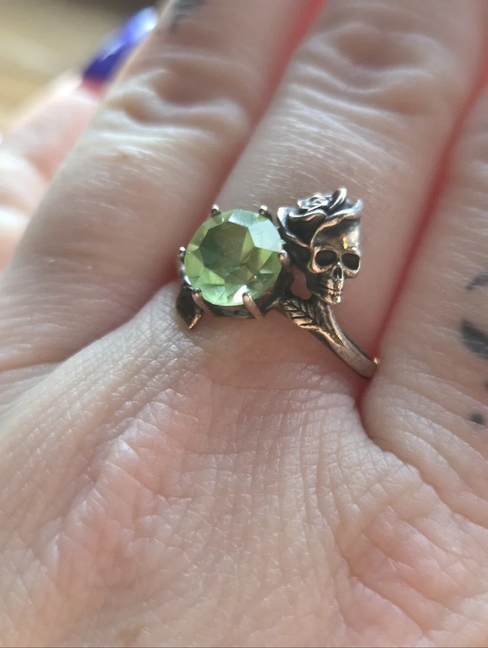 2ct Uranium Glass Rose and Skull Ring - Sterling Silver